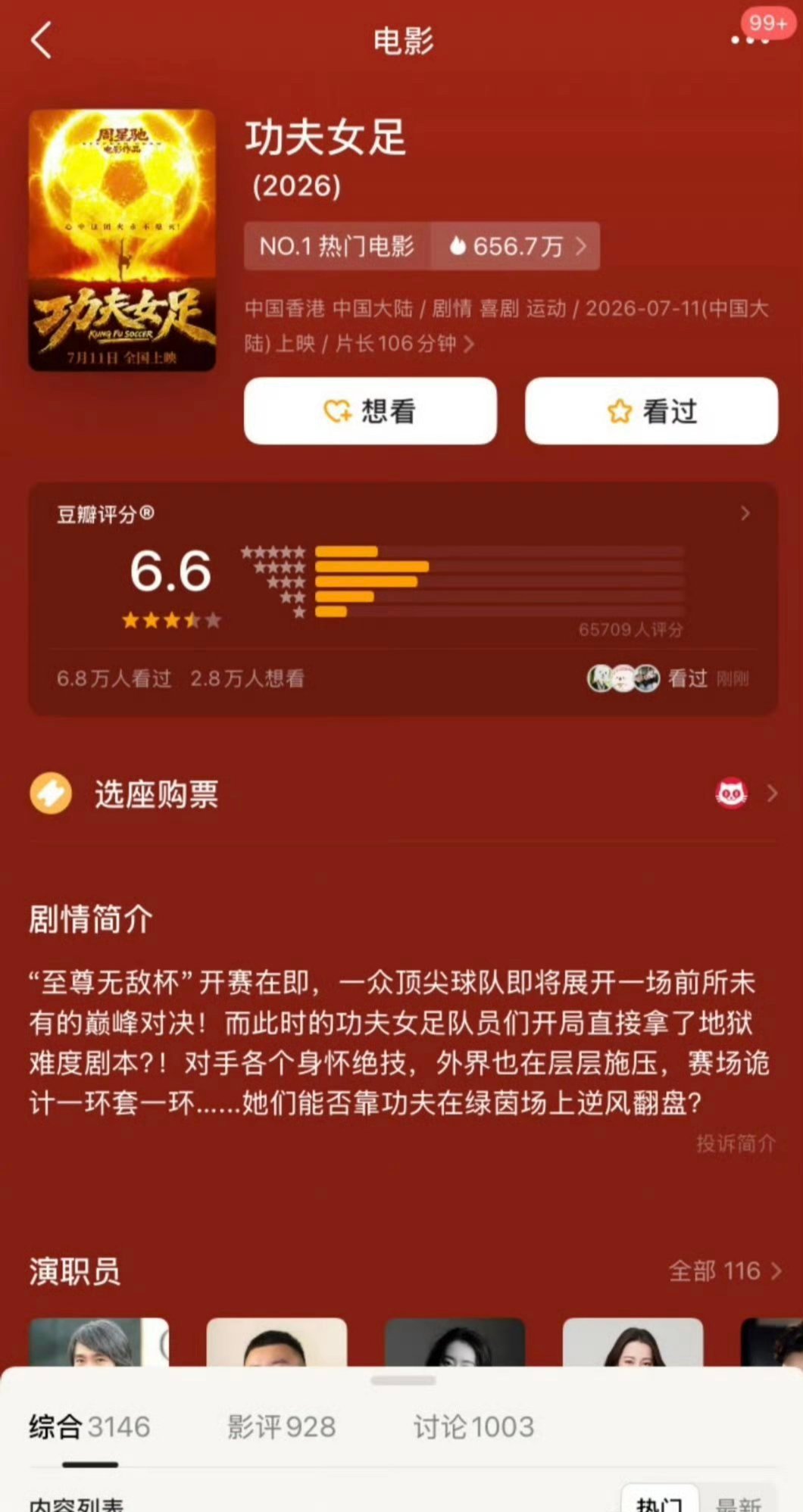 张小斐、迪丽热巴、张艺兴《功夫女足》豆瓣开分6.6 
