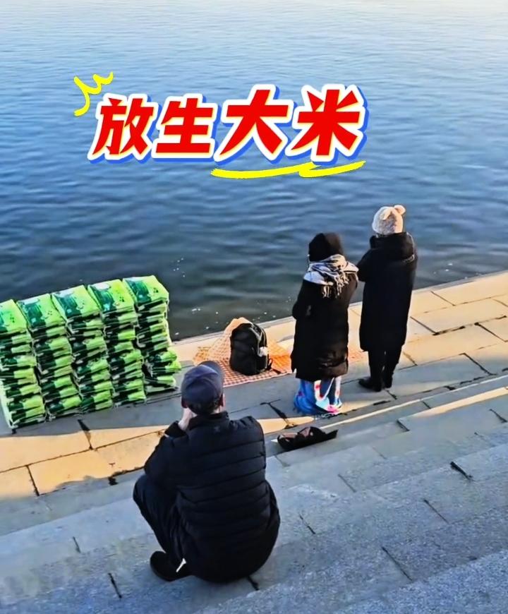 真有人放生大米呀？
只见河边整整齐齐摆放着上千斤大米，两名女子在一旁祈祷，看样子