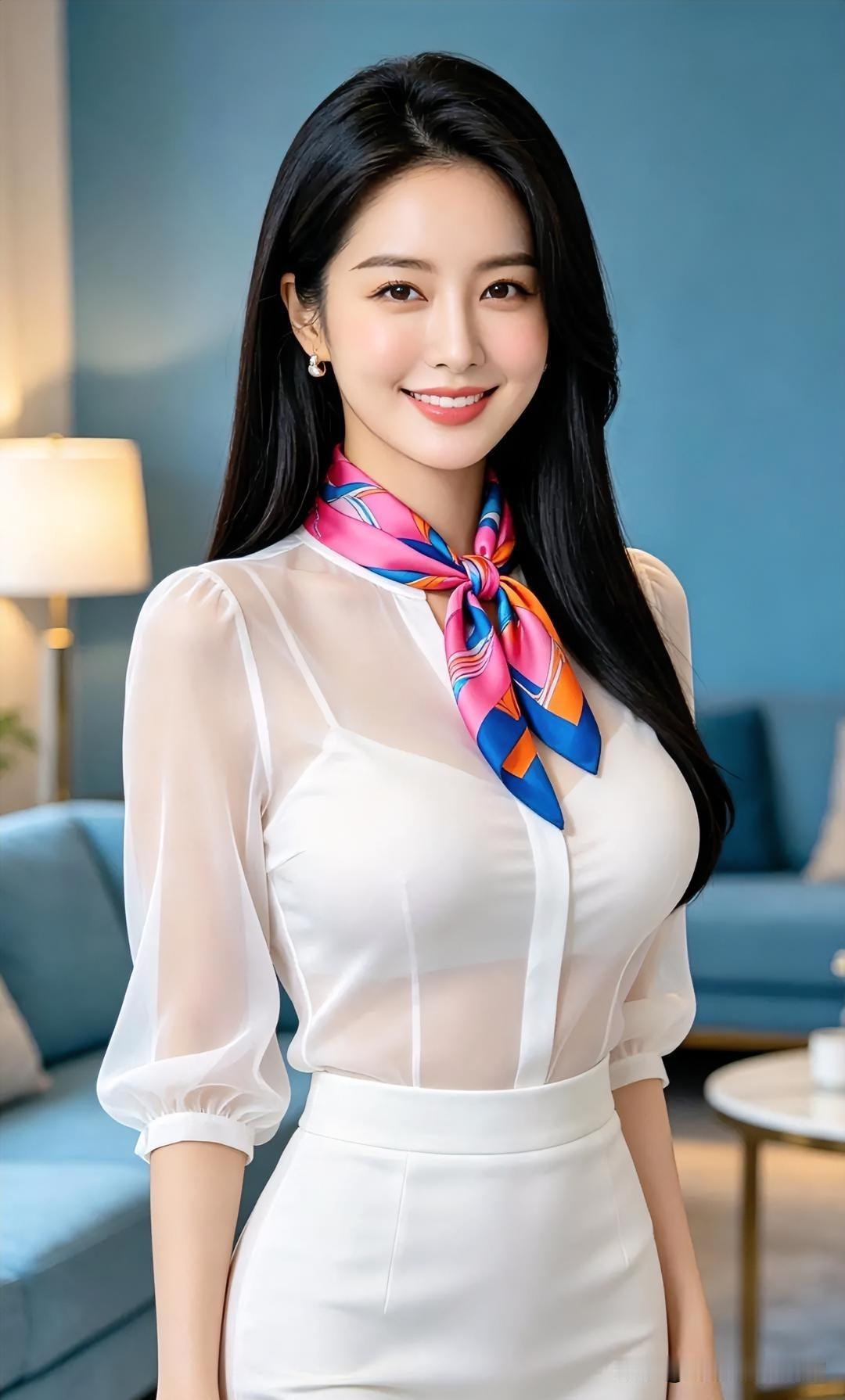 纯白套装勾勒优雅曲线，彩巾点睛。温柔笑靥如沐春风，尽显知性温婉之姿。