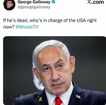 英国前议员说了一句话，他表示如果内塔尼亚胡去世了，谁能统治美国？
 
这句话把美