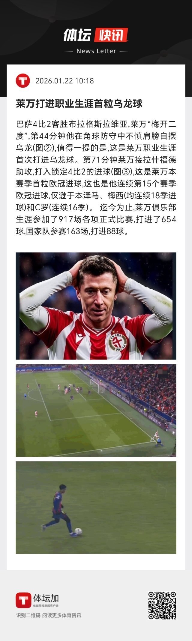 巴萨 莱万职业生涯首次打进乌龙球。莱万本赛季首粒欧冠进球，这也是他连续第15个赛