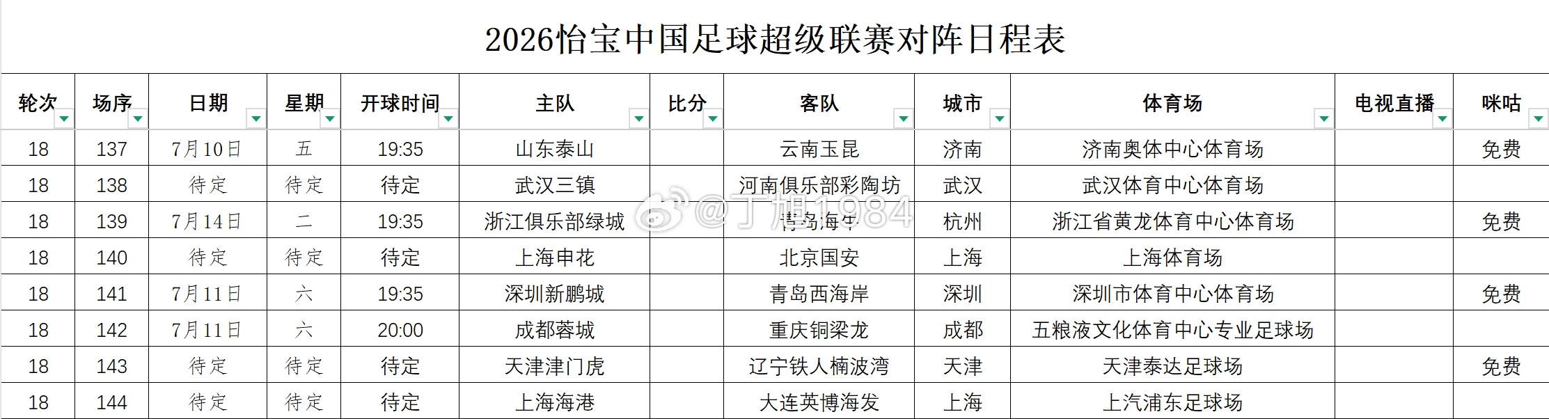 2026怡宝中国足球超级联赛第18轮转播计划表（更新版）中超联赛中超大连英博中超