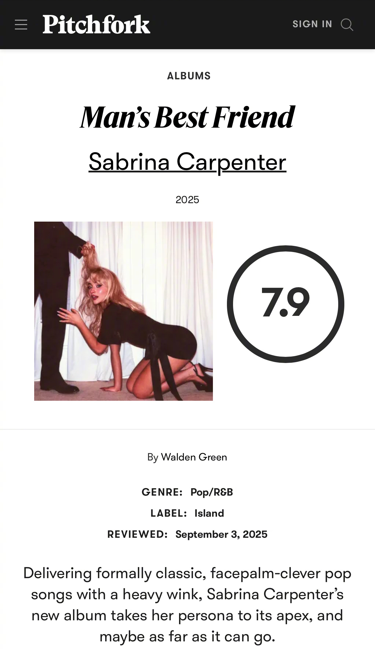 卧槽！婊叉Pirchfork给匠妹Sabrina Carpenter新专辑《Ma