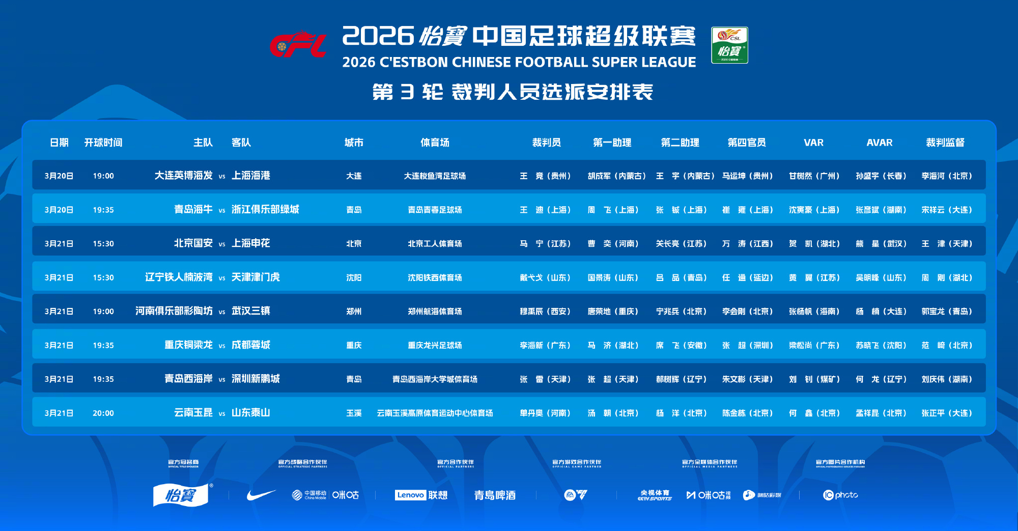 云南玉昆vs山东泰山 裁判安排：主裁判：单丹奥(河南)VAR：何鑫(北京)山东泰