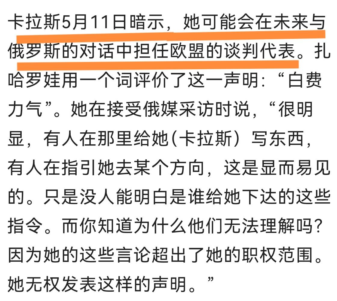 什么事都想沾
卡拉斯暗示自己可能会在未来与俄罗斯的对话中担任欧盟的谈判代表。
众