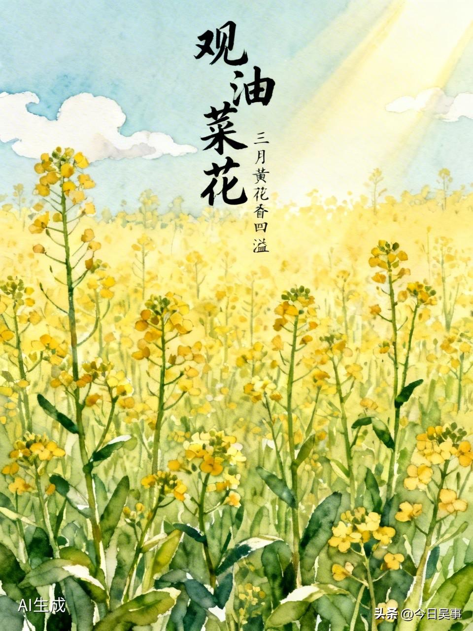 今日吴事
油菜迎三月，
花香片片黄。
恨无蝴蝶舞，
几见蜜蜂忙？
注:阳春三月，