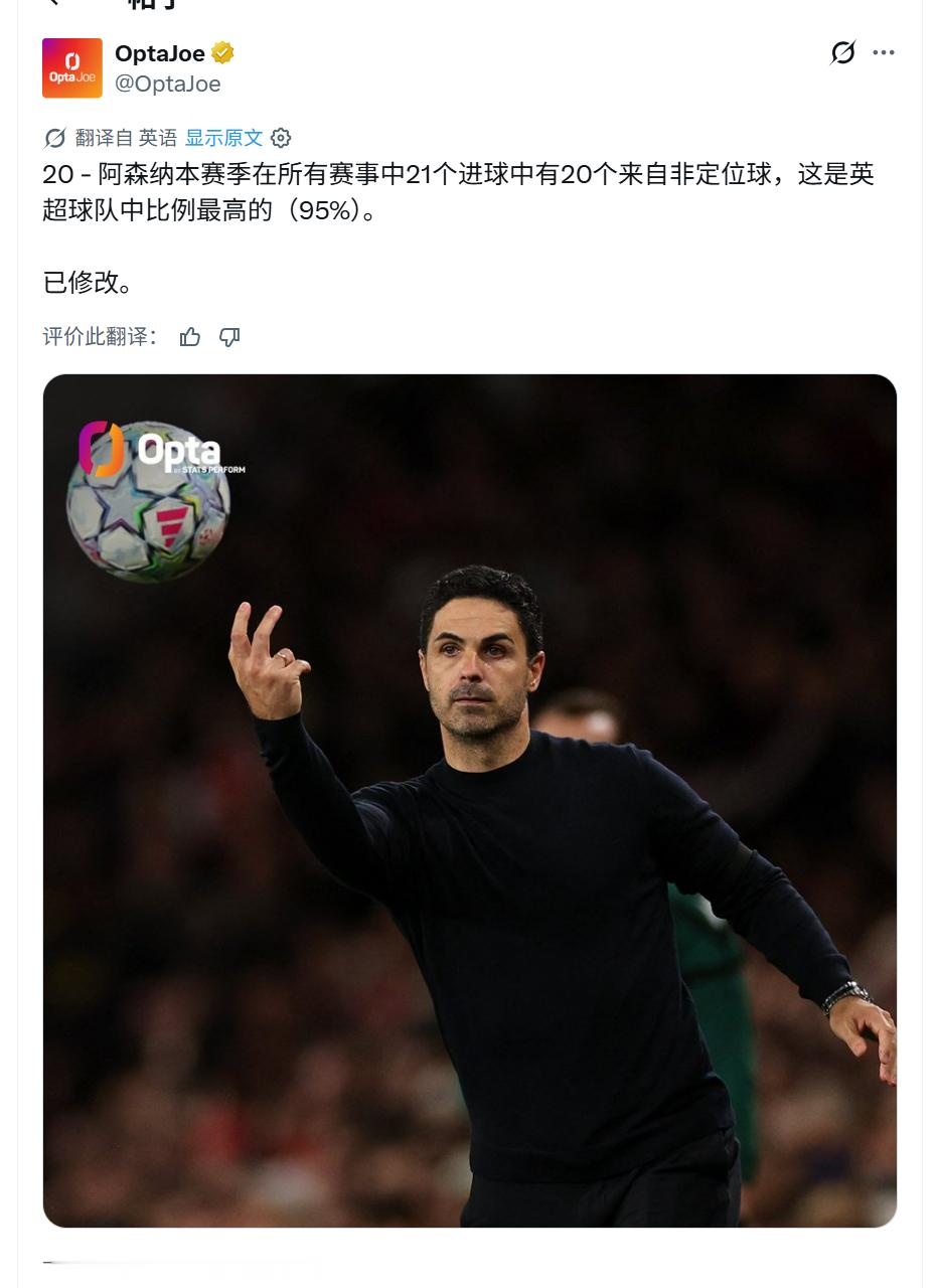 🚨Opta：阿森纳本赛季在所有赛事的21个进球中，有20个来自运动战进球，这是
