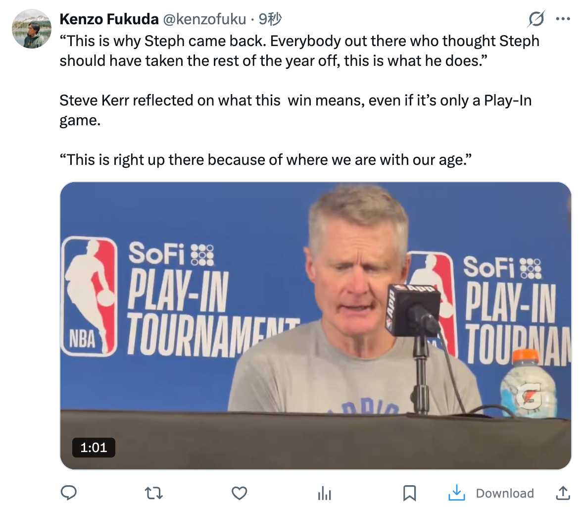 科尔赛后：“这就是为什么斯蒂芬回来了。外面所有那些认为斯蒂芬应该休息整个赛季的人