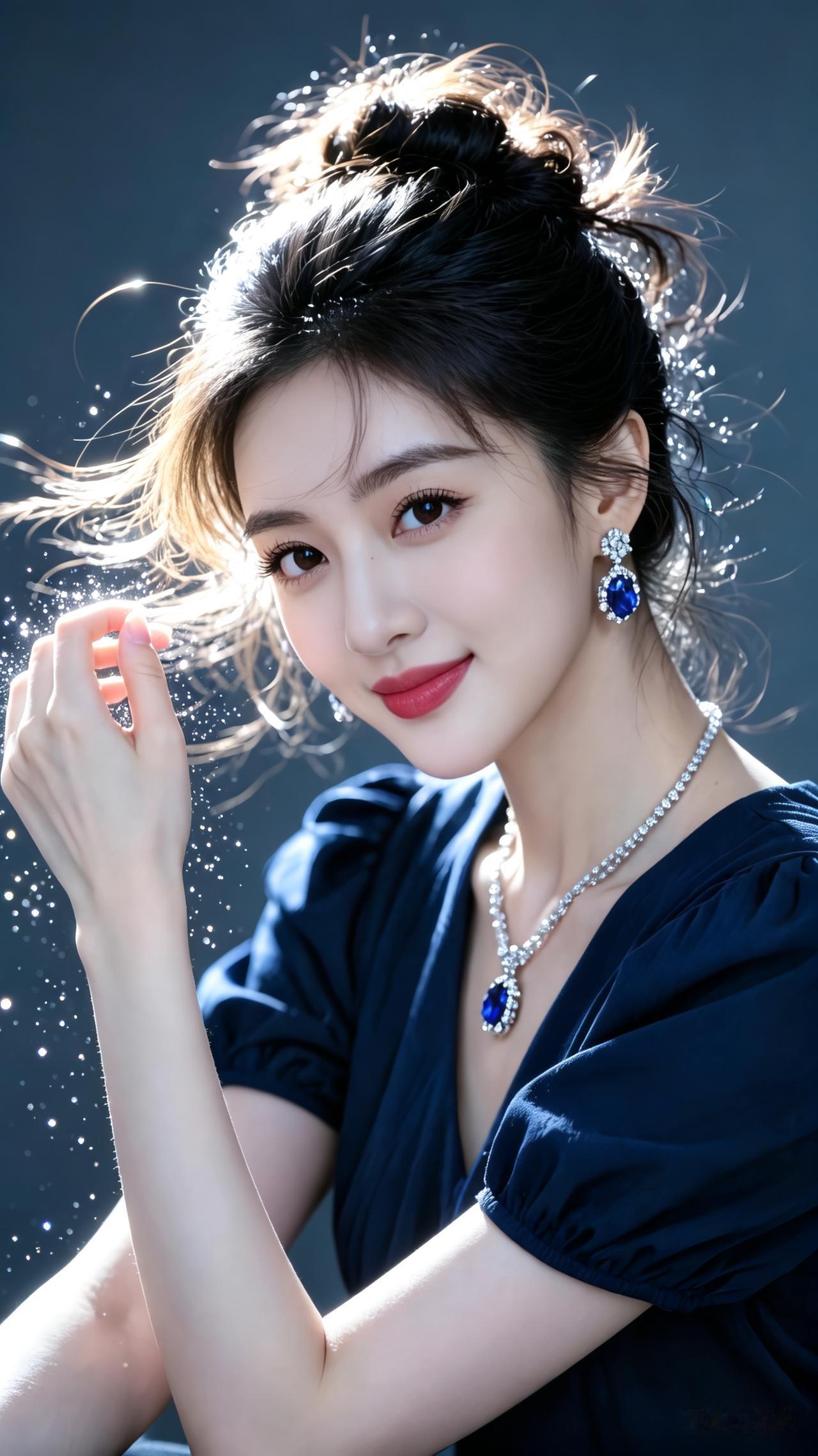 年轻女性冷白通透肌肤，蓬松高丸子头，空气碎刘海，发丝随风飞扬，轮廓光勾勒发边。清
