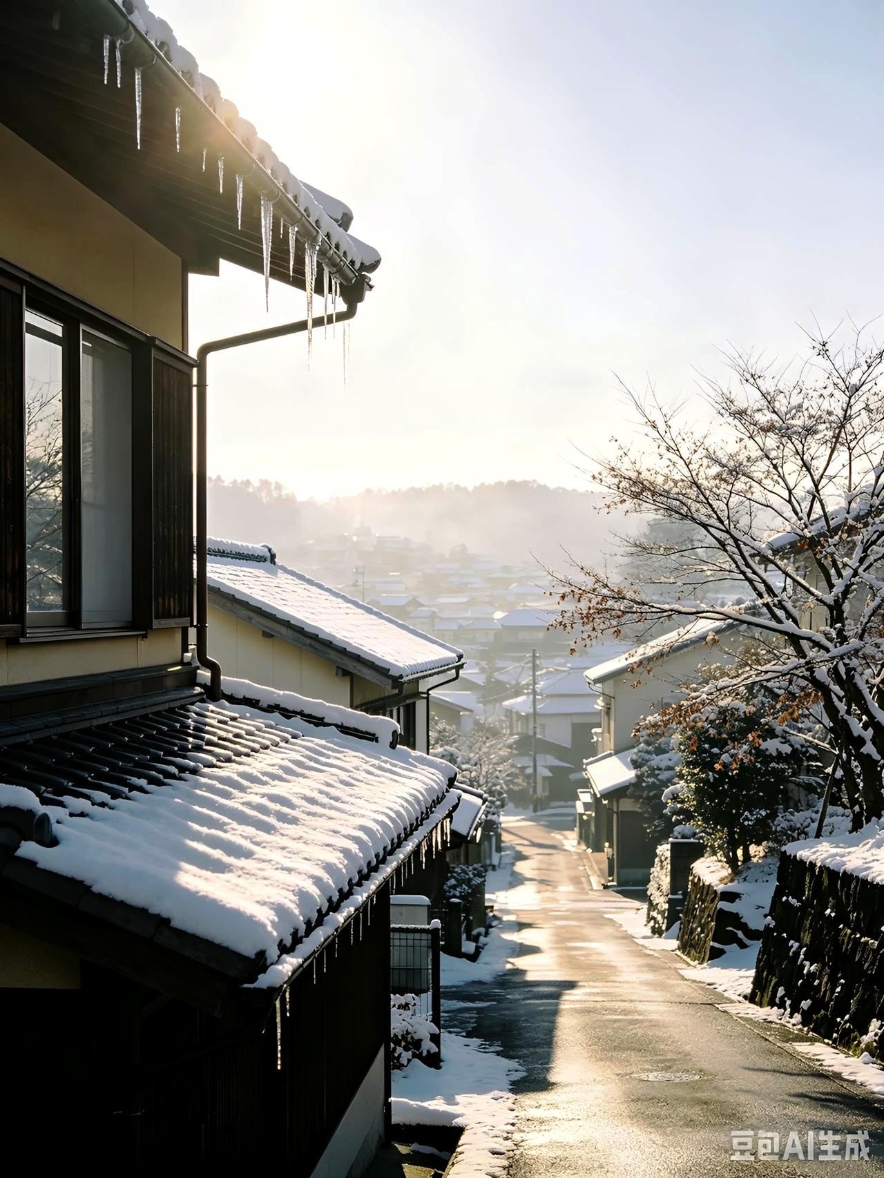 秋日生活打卡季下了一场薄薄的雪，阳光一出来，屋顶就白得发亮，很干净。