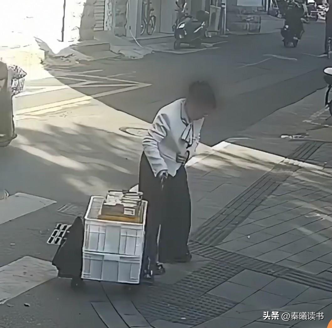 舟山街头，一大姐推车上的包掉在地上，菜篮也歪了。大姐把篮子扶正后，拉着推车走了。