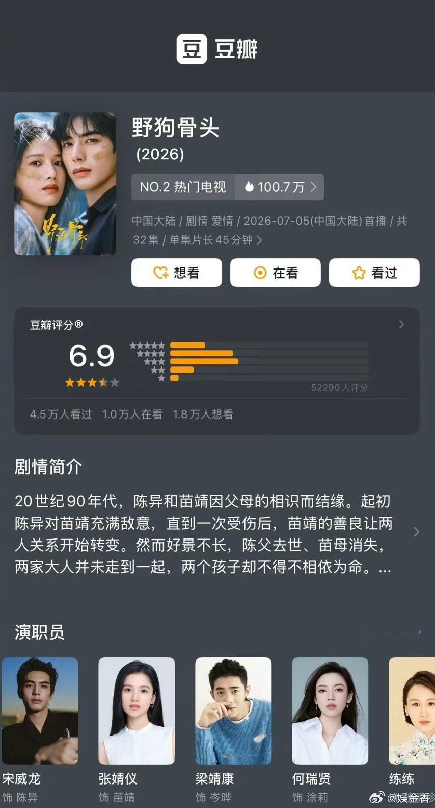 暑期档四部剧开分暑期档 暑期档四部剧开分均未过7你看了哪一部？宋威龙、张婧仪《野