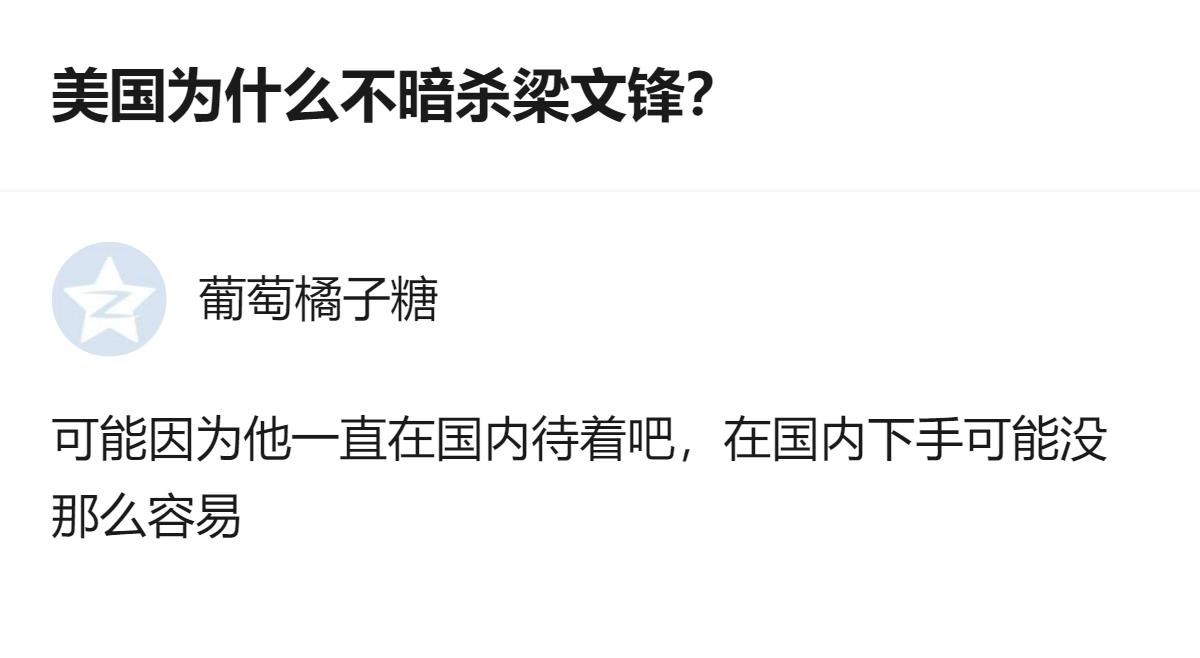 从现有信息看，这是关于美国未暗杀梁文锋的讨论，其中提到的“他一直在国内待着，在国