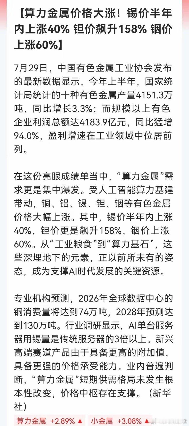 老乡别急着跑！AI服务器用锡量暴增3倍，铜消费预期破百万吨，“算力金属”有望再次