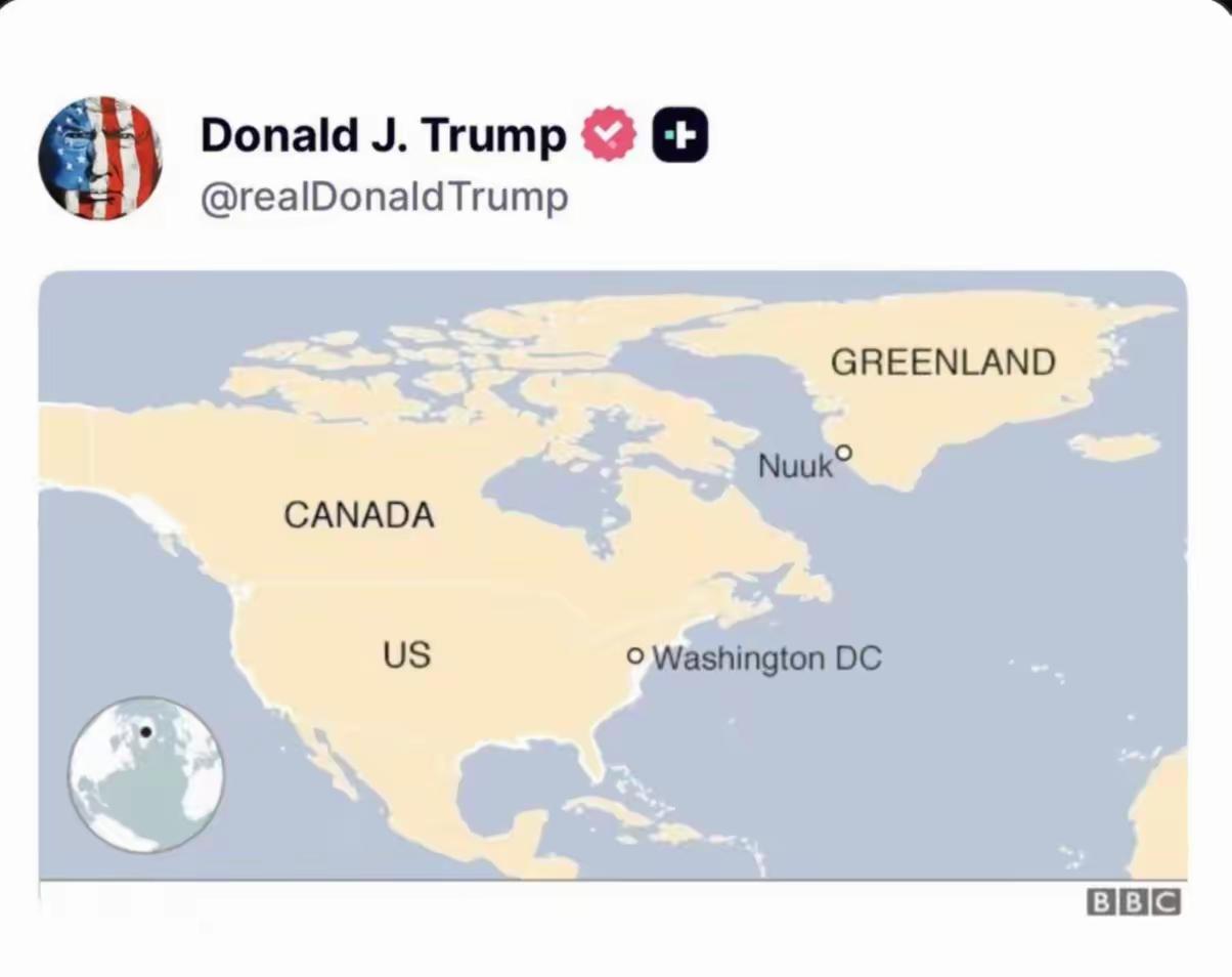 特朗普刚刚发布的美国版图……

几乎是整个北美洲，加拿大和格陵兰岛还在途中标注着