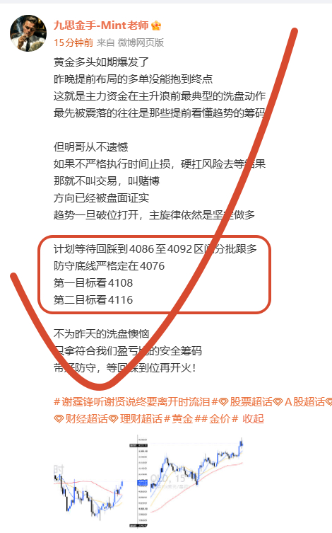 4092附近跟上的多单价格直接冲到了4113附近这一波起爆，稳稳斩获200个点利
