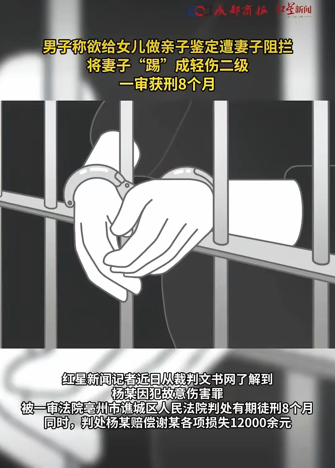 判了！男子疑女非亲生想做亲子鉴定，遭拒后踹伤妻子获刑8个月，还得赔12000块！