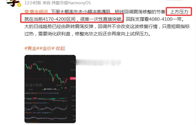 黄金 只能说老李的判断还是一如既往地精确，4200关口阻力还是较为强劲。黄金金价