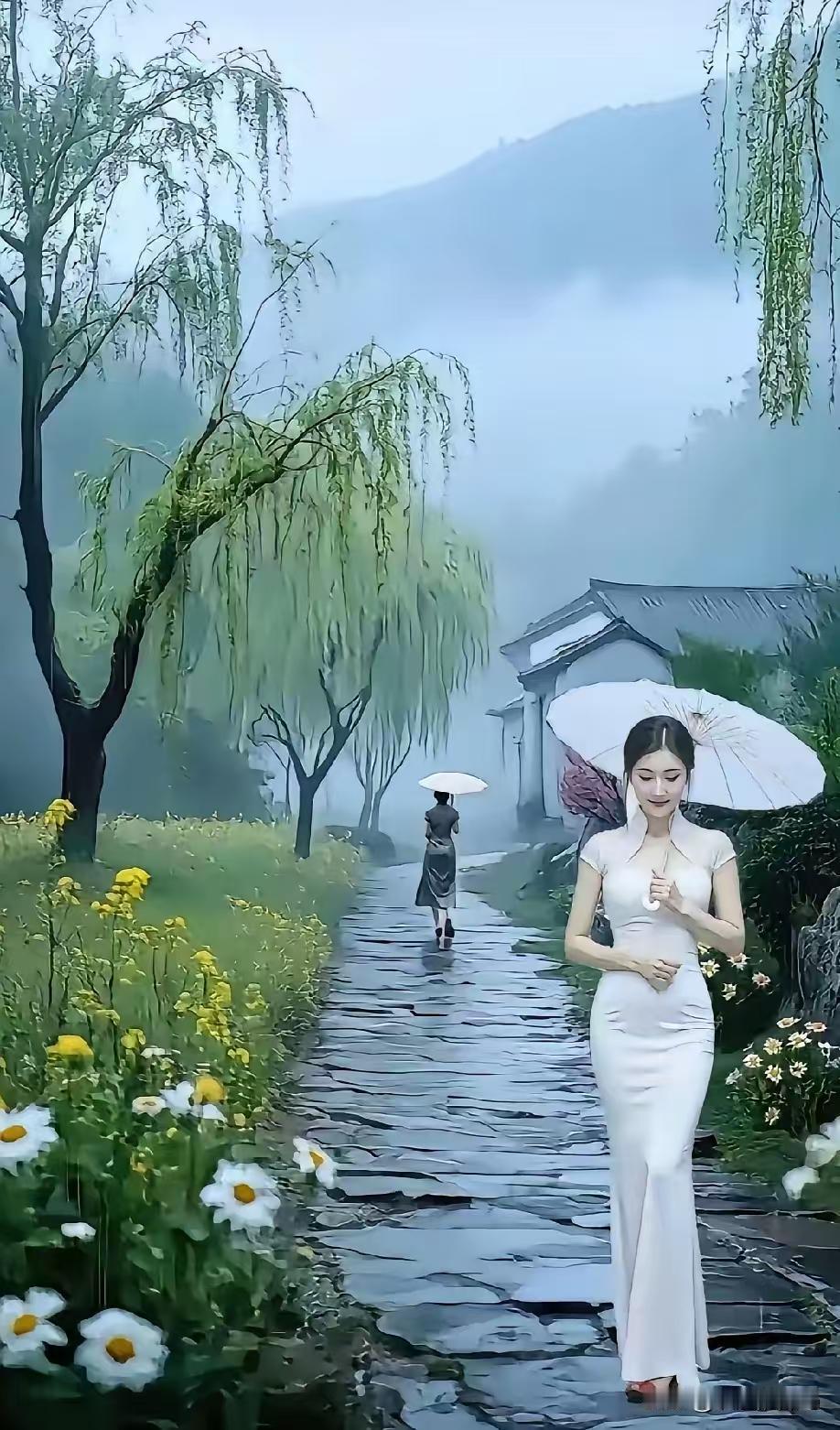 四块玉·江南烟雨
雨入楼，烟笼柳，
乌篷摇梦碧波流。
行人持伞添愁候。
水韵幽，