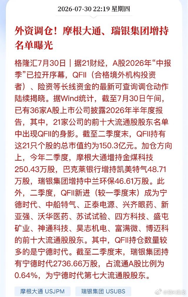 外资偷偷进场了！摩根、瑞银二季度大举加仓名单曝光中报一披露，底裤全露出来了。截至