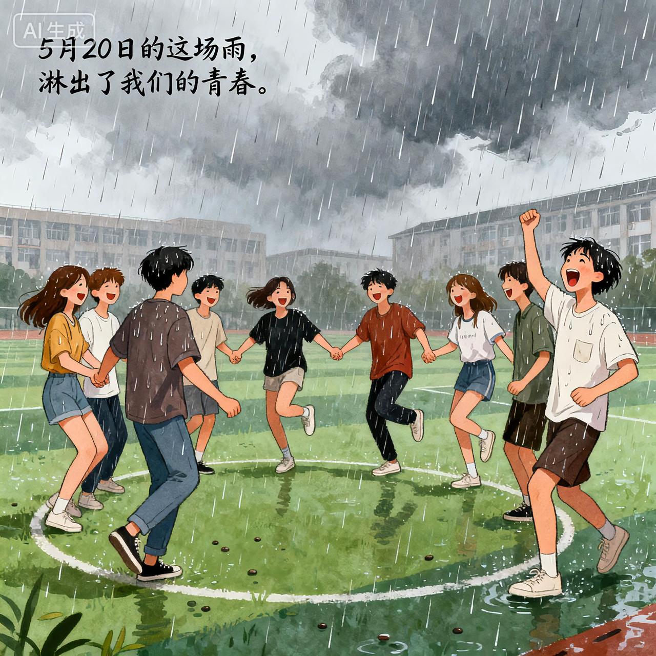 暴雨突袭南京高校，操场现“神同步”青春名场面：一个人叫淋雨，一群人叫青春

突如