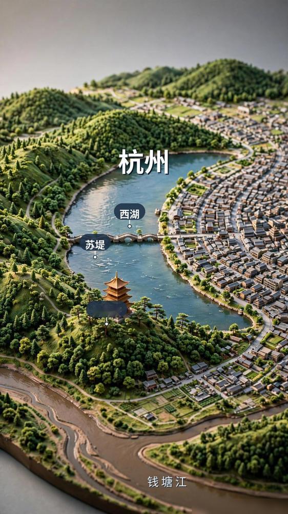 把杭州缩小1000倍，三面青山一面城。

去西湖，最容易吃亏的不是少看一个景点，