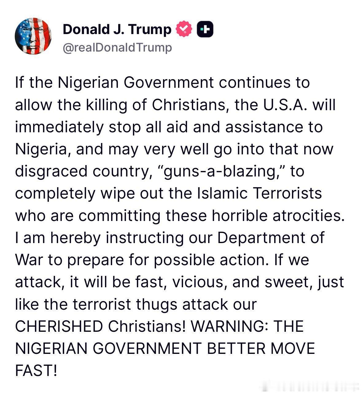【黄金时代】川普称，为了拯救尼日利亚被残害的基督徒，不排除兵发尼日利亚，清除恐怖