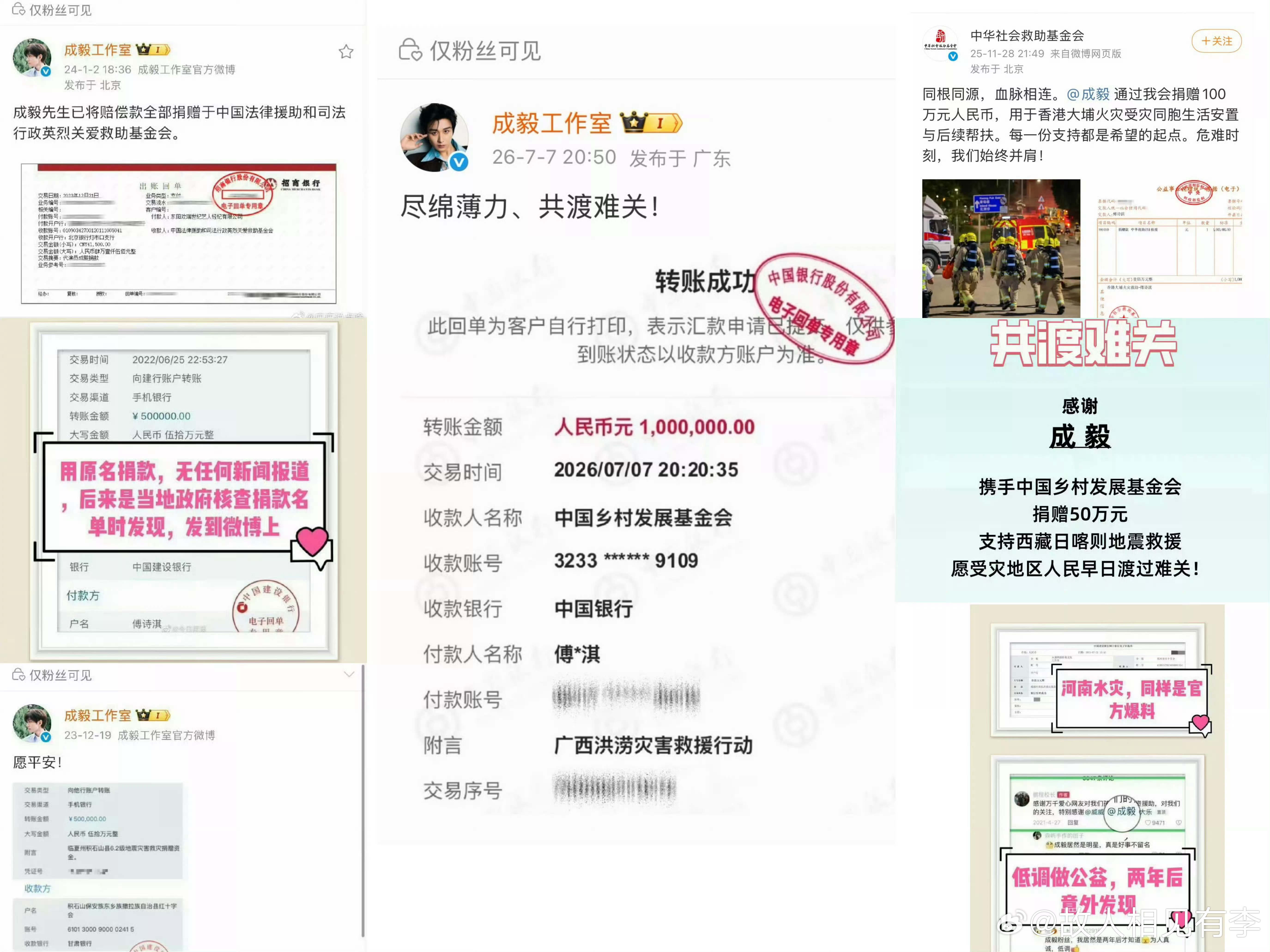 成毅捐款100万元驰援广西真的是顶顶好的成毅，发的粉见，每次都是用原名低调捐款，