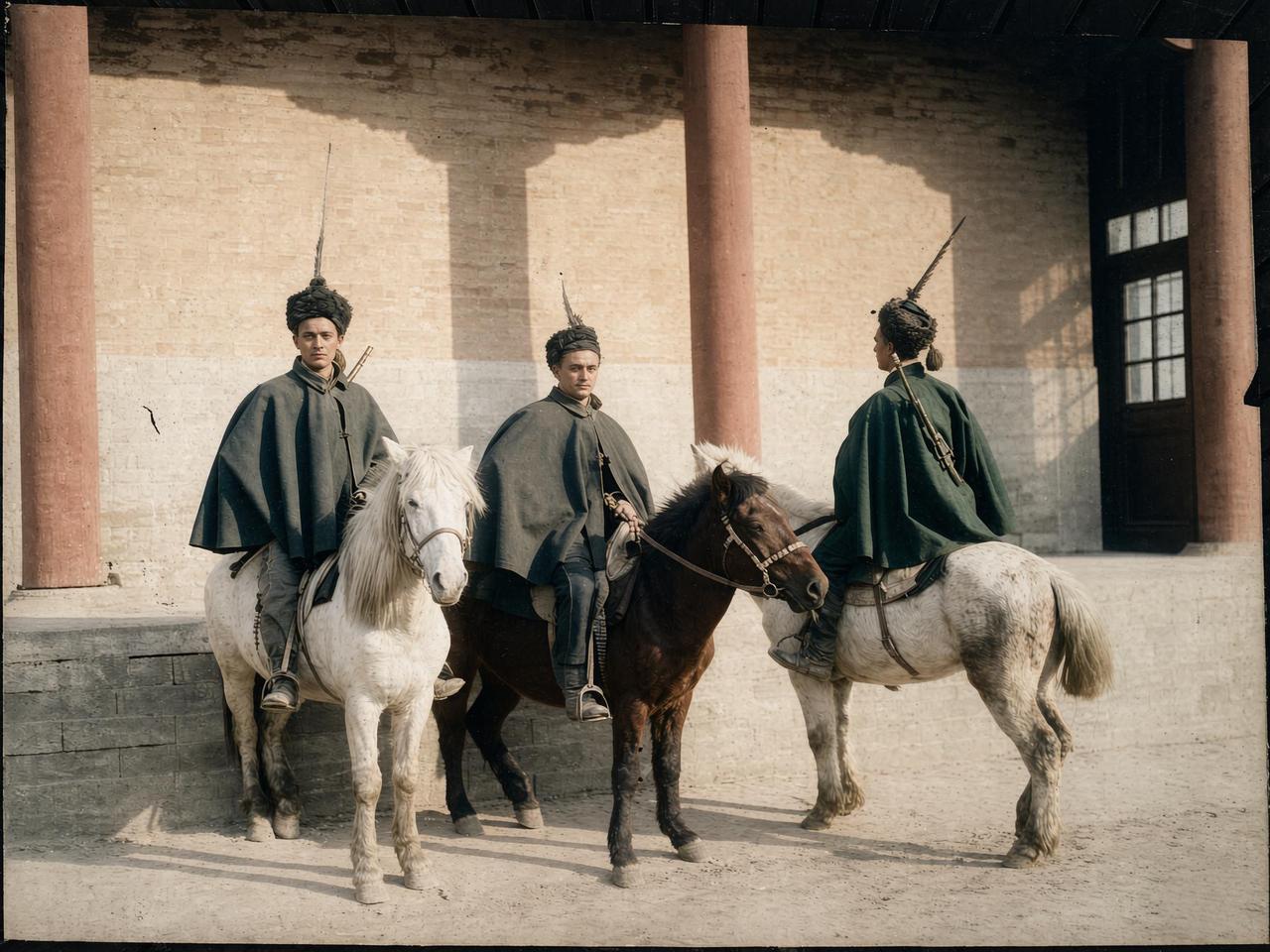 1900年，庚子年期间，八国联军中意大利骑兵在华北（多为天津）驻留的影像。
三名