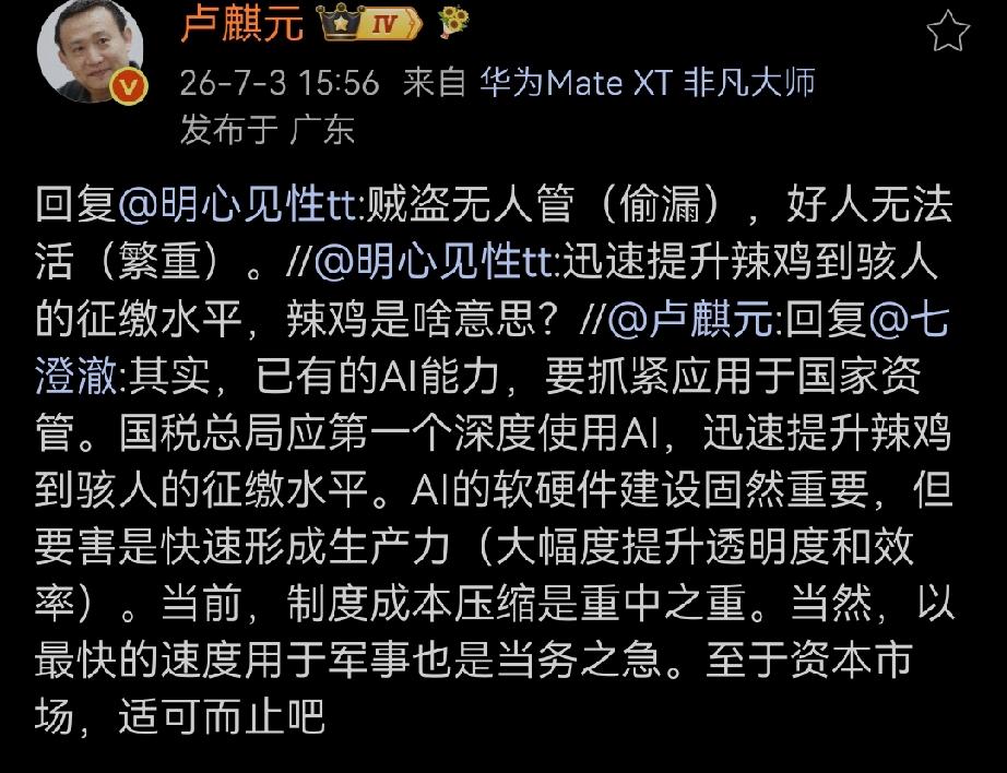 曰：其实，已有的AI能力，要抓紧应用于国家资管。国税总局应第一个深度使用AI，迅