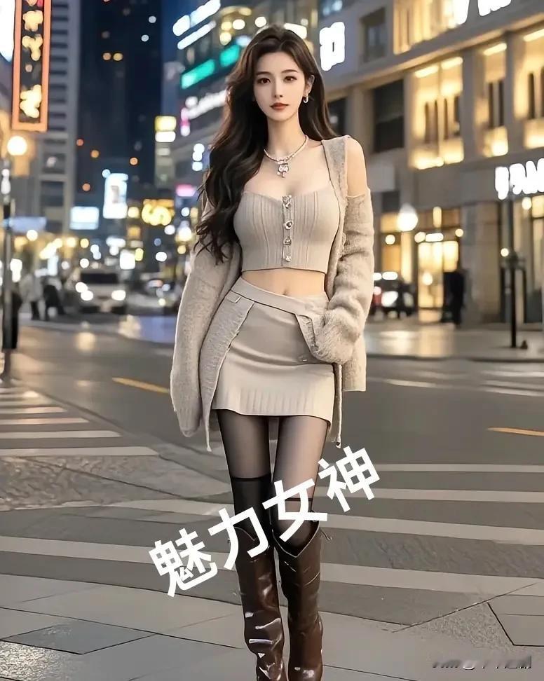 霓虹浸软了街面，奶茶色系的温柔裹着夜色里的利落。晚风掠过露腰针织的褶皱，靴跟敲碎