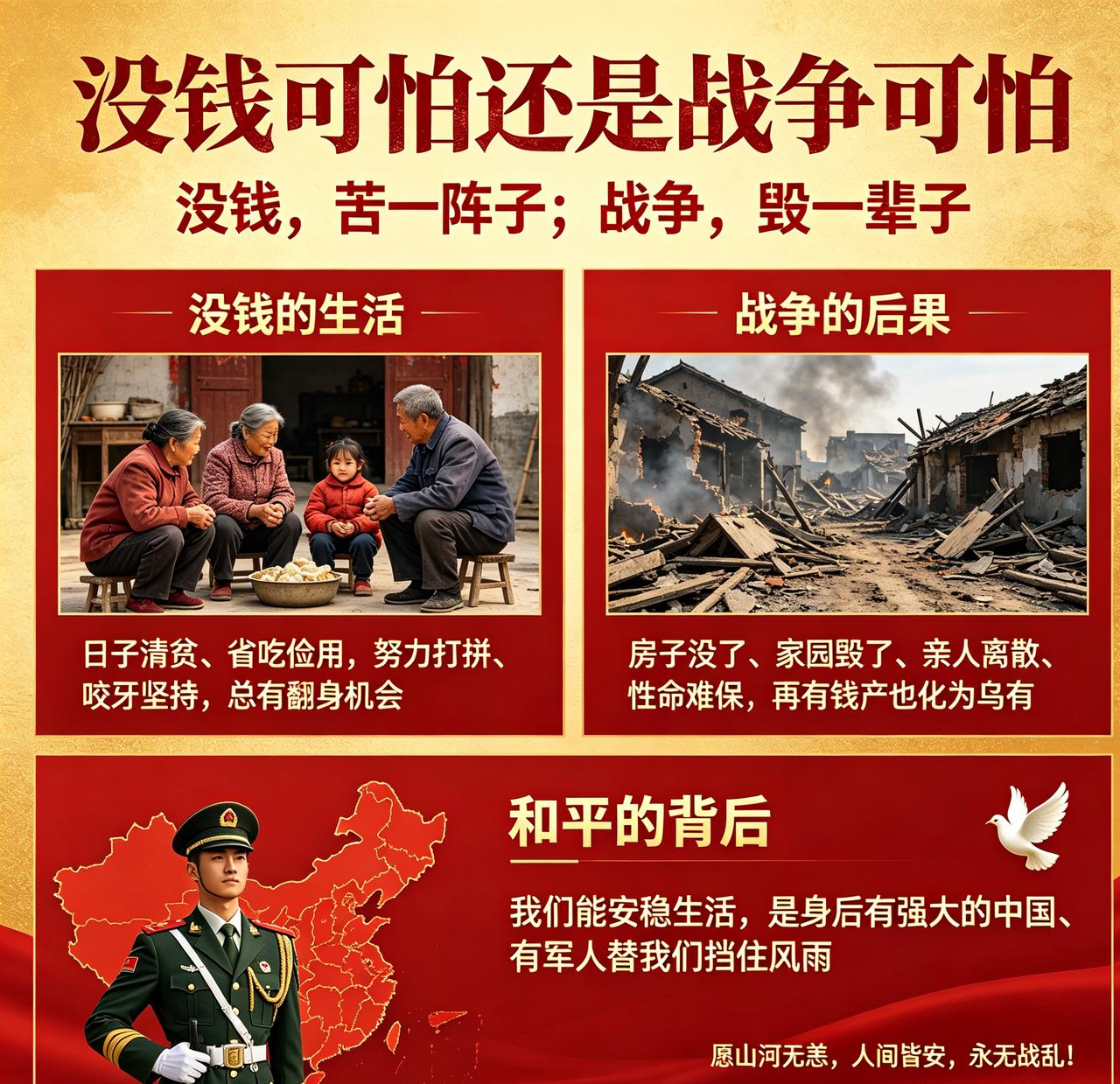 **没钱，苦一阵子；战争，毁一辈子。**🇨🇳
 
没钱的时候，顶多日子清贫、