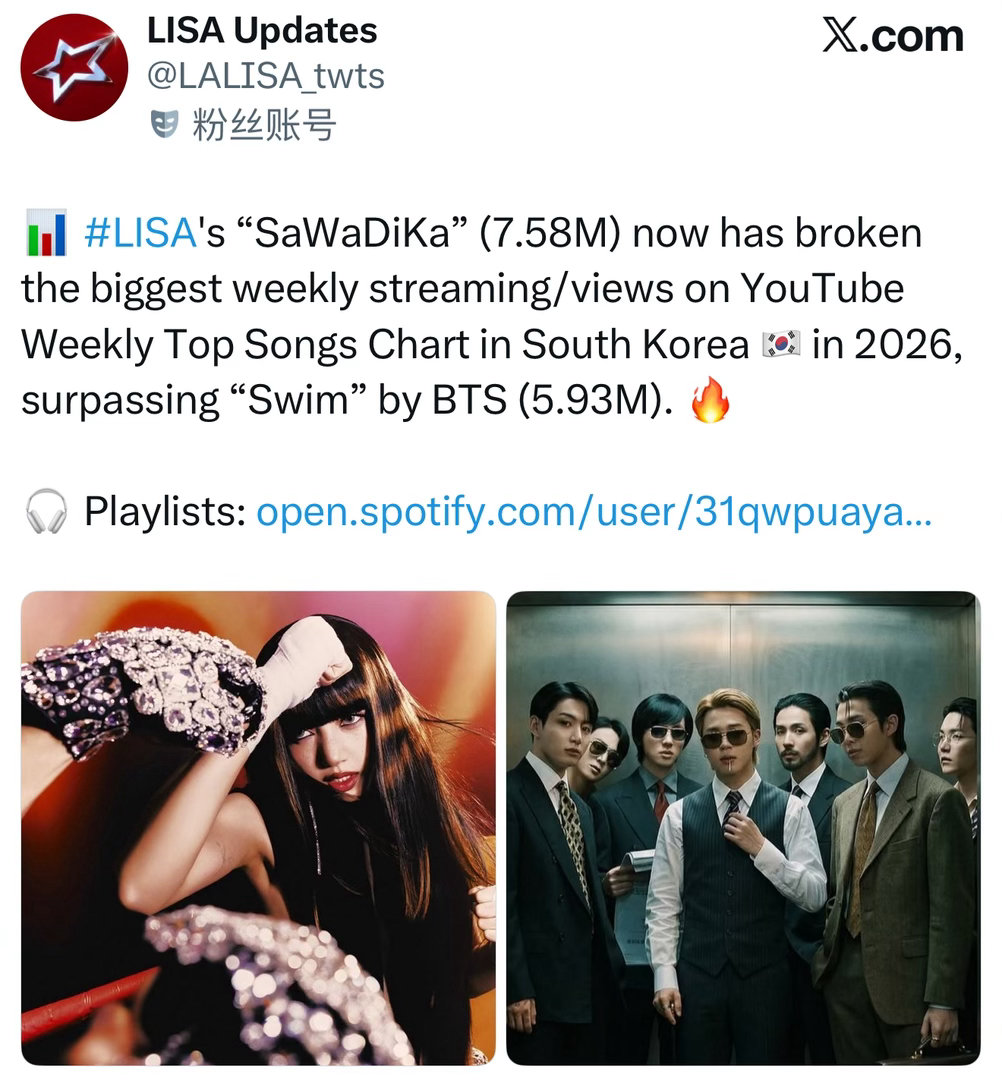 LISAlisa 《SaWaDiKa》（758万）现已打破2026年韩国🇰🇷