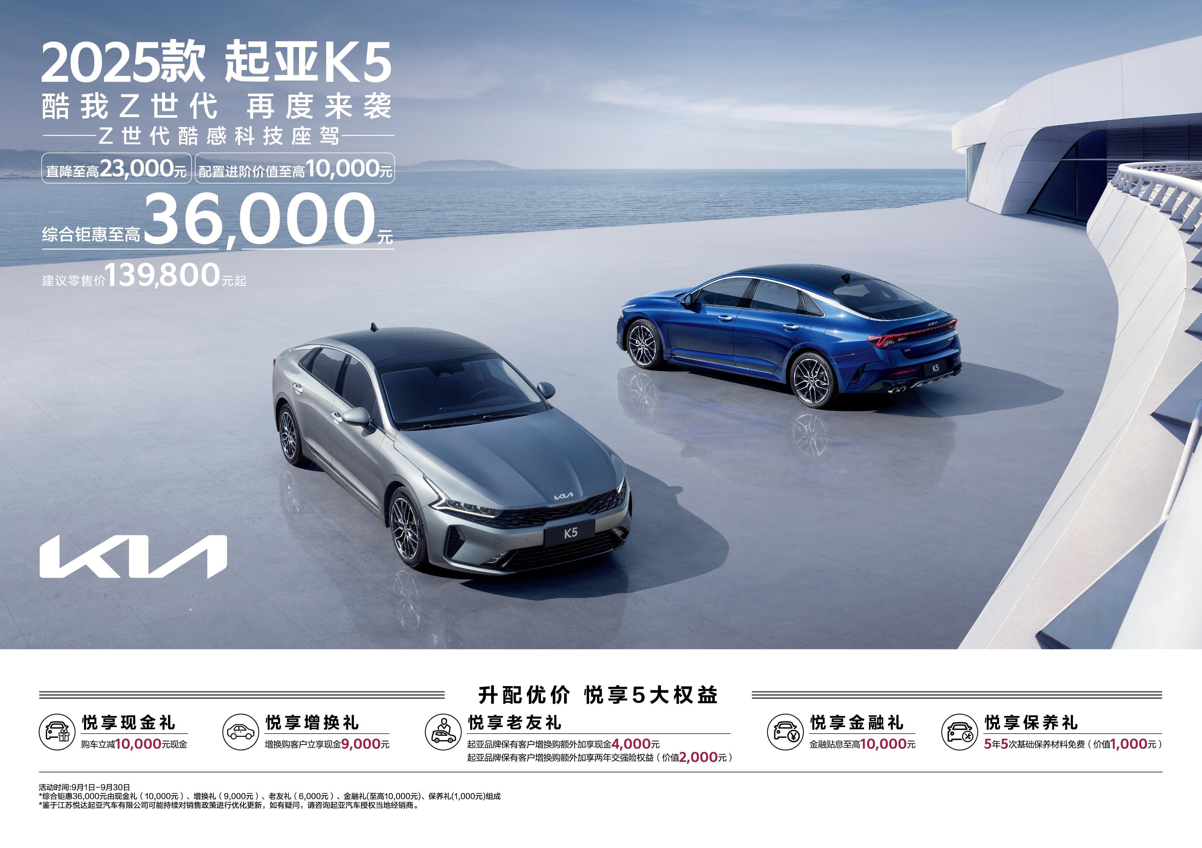 #车若初见[超话]# 2025款起亚K5正式上市，提供1.5T、2.0T两个排量