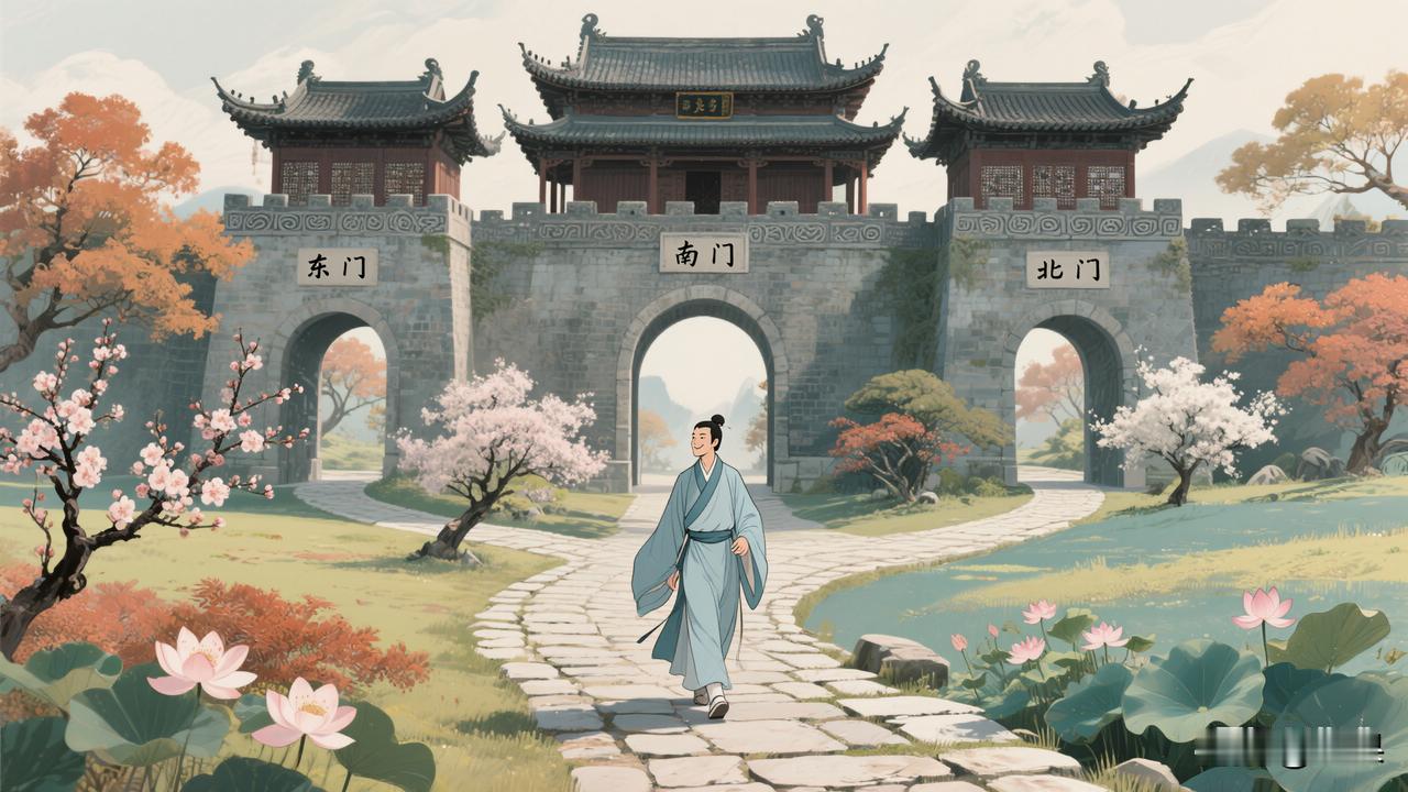 请你对下联下联：走东南西北门

赏析：这幅下联“走东南西北门”与上联“踏春夏秋冬