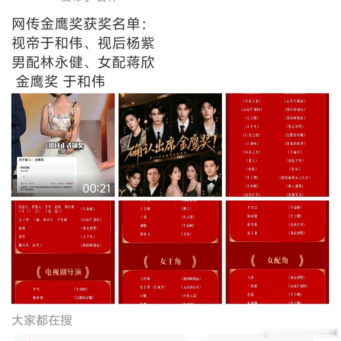 网传金鹰奖视帝视后是于和伟杨紫 ​​​网传金鹰奖视帝视后是于和伟杨紫 ​​​
