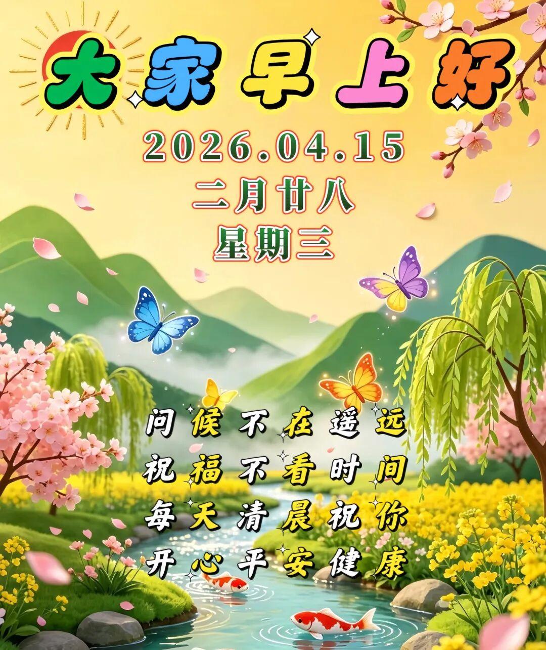 🌅今天是4月15日，🍀充满希望的早晨，💖守护宝贵的健康，🌊品味生活的甘甜