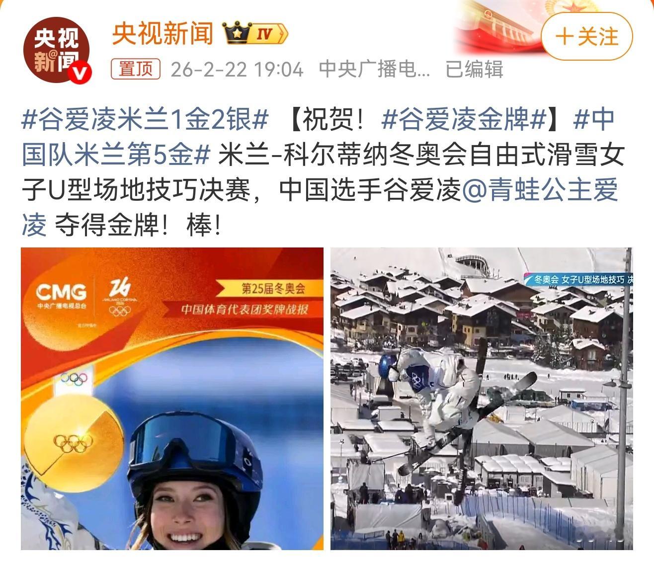 谷爱凌金牌 太牛了！尤其是她穿的那身青花瓷战袍！咱们中国的青花蓝配上雪场白，这不