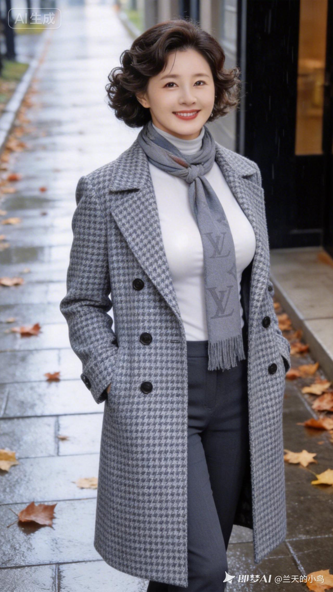 秋日穿搭指南：优雅灰色大衣搭配时尚围巾，尽显都市女性魅力！🍂👗👠
