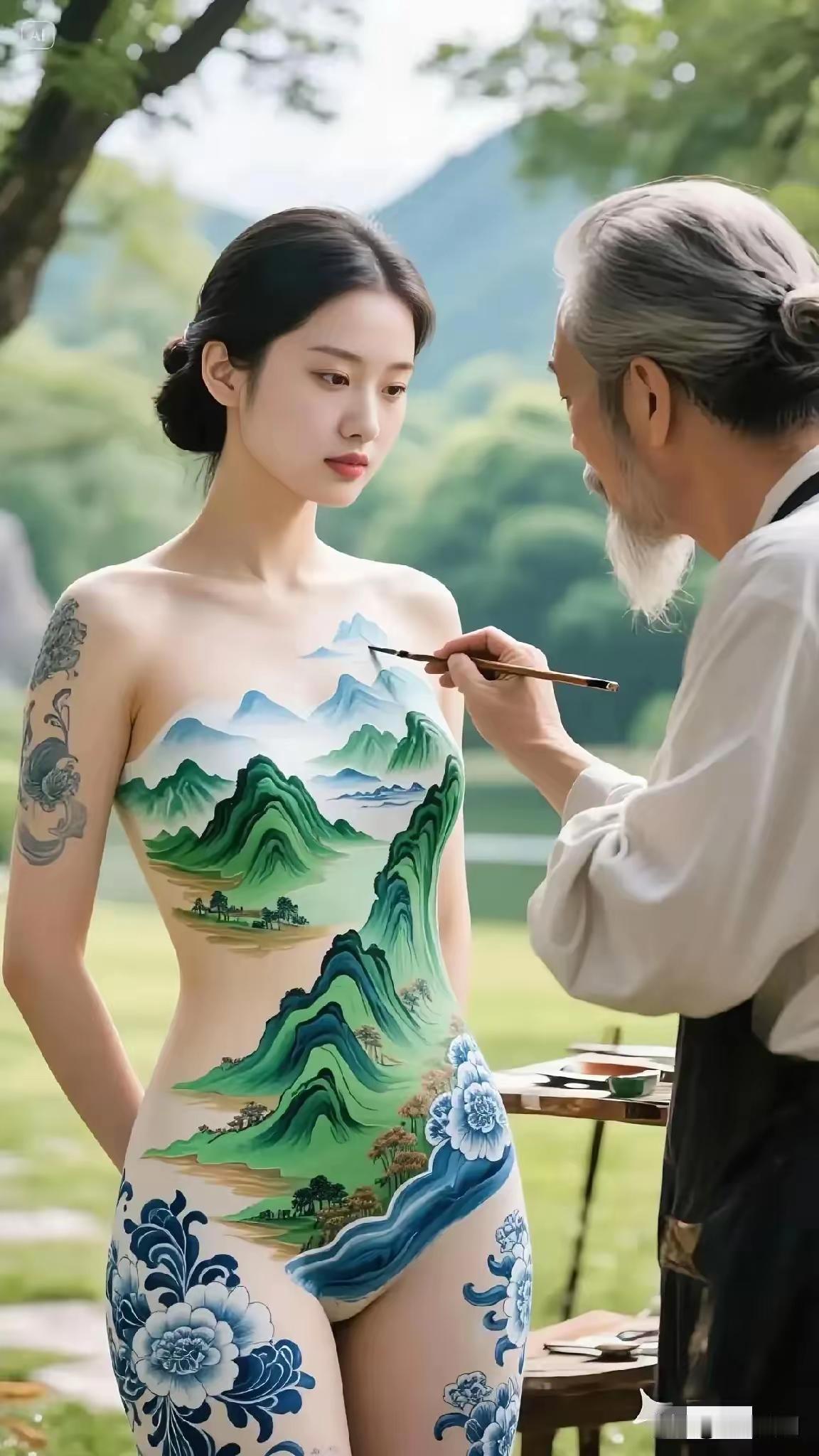 艺翁笔下画山水，山美水秀人更美，只是画在美体上，遗憾无人得欣赏。