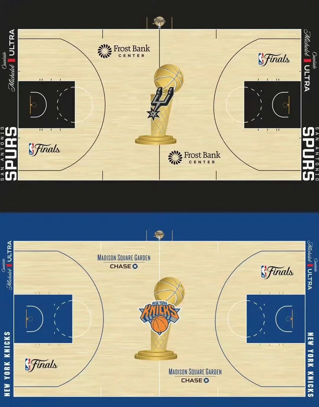 NBA总决赛地板有那味儿了奖杯在中间一放，真的有那味了。东部尼克斯 VS 西部马