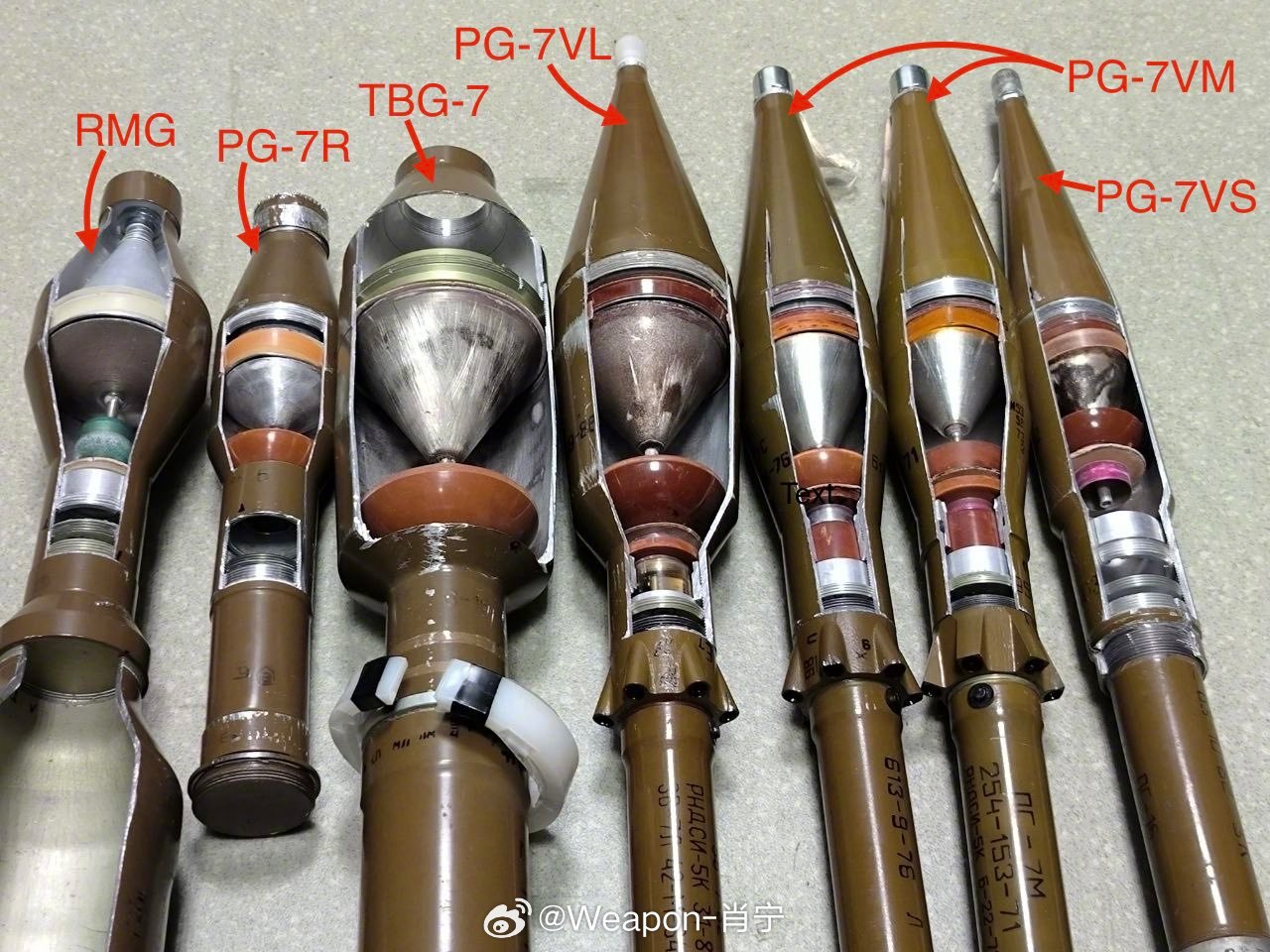 烽火问鼎计划 一些常见的俄罗斯反装甲火箭弹的成型弹头剖面模型。锥形金属衬里比形成