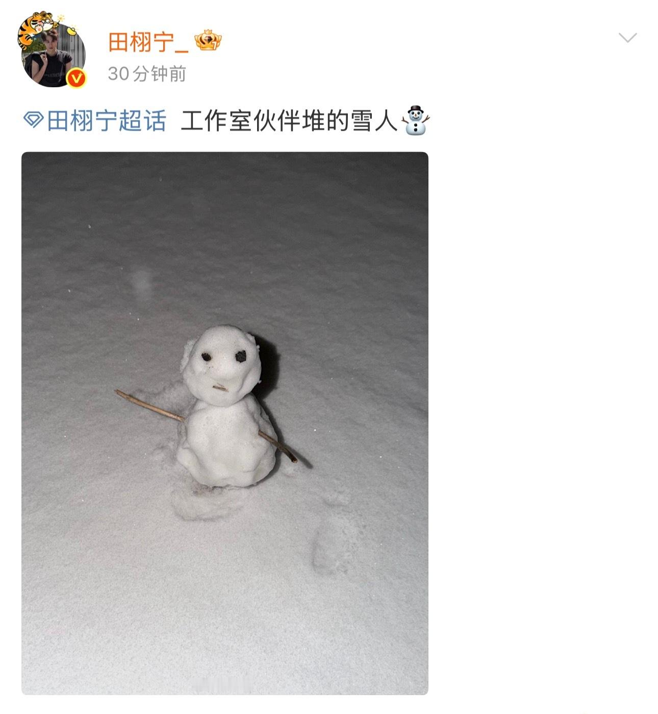 田栩宁晒工作室伙伴堆的雪人好萌