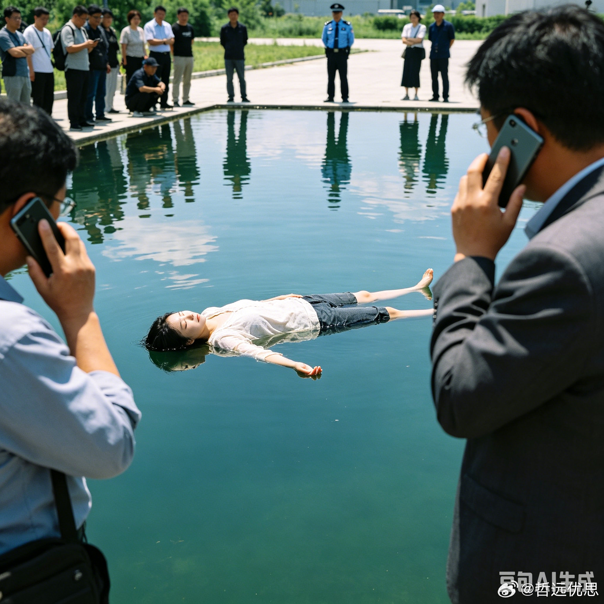 女子躺水面上20分钟路人吓到报警 近日，海南海口人民公园东湖发生惊险一幕：一名女