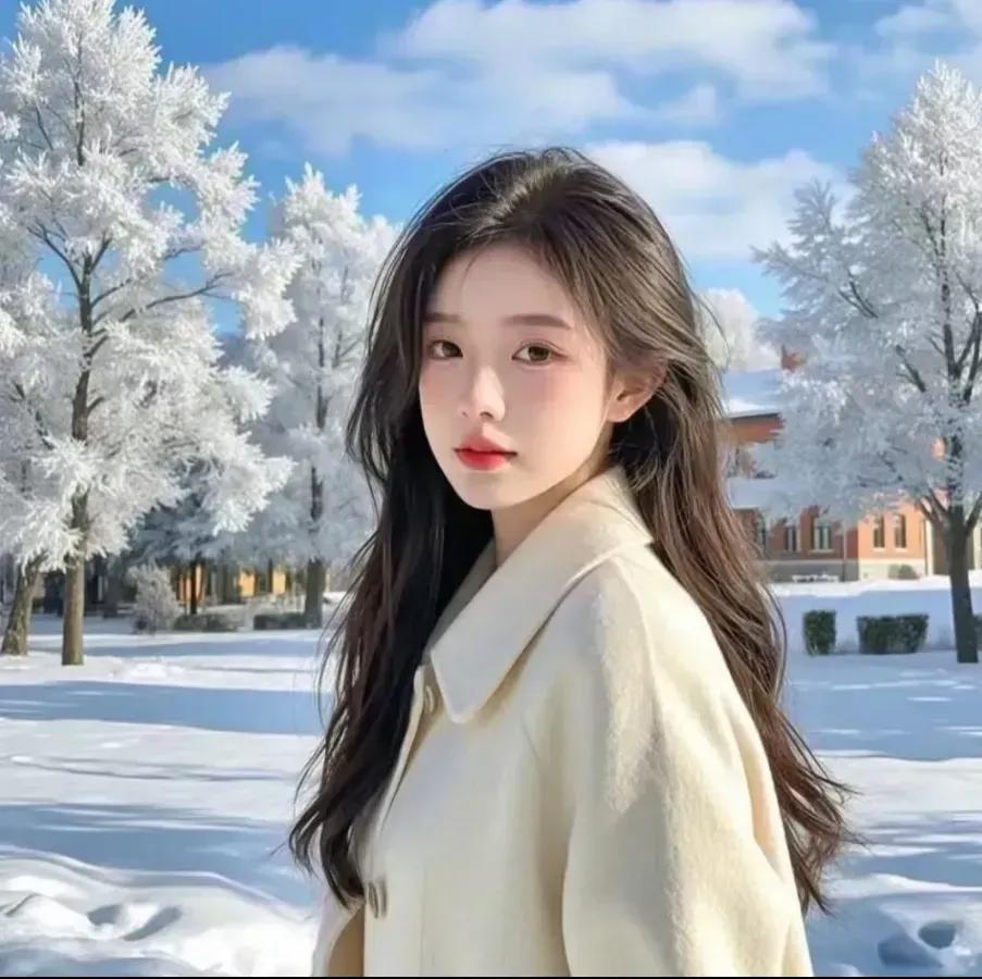 冬日暖阳下，少女漫步雪地，美得如画。雪中少女照 姑娘雪中暖阳 雪地少女照 雪地甜