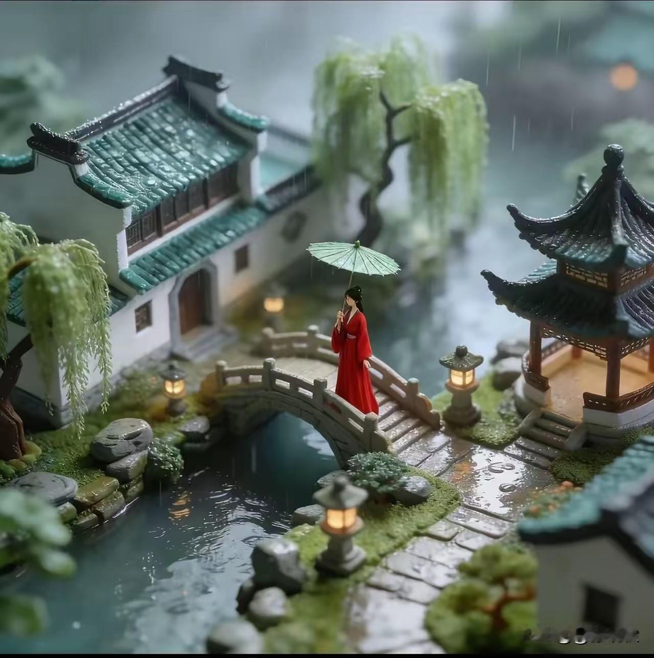 雨落江南水墨柔，
偶见红影立桥头，
绿伞半遮眉黛色，
白墙碧瓦映垂柳。