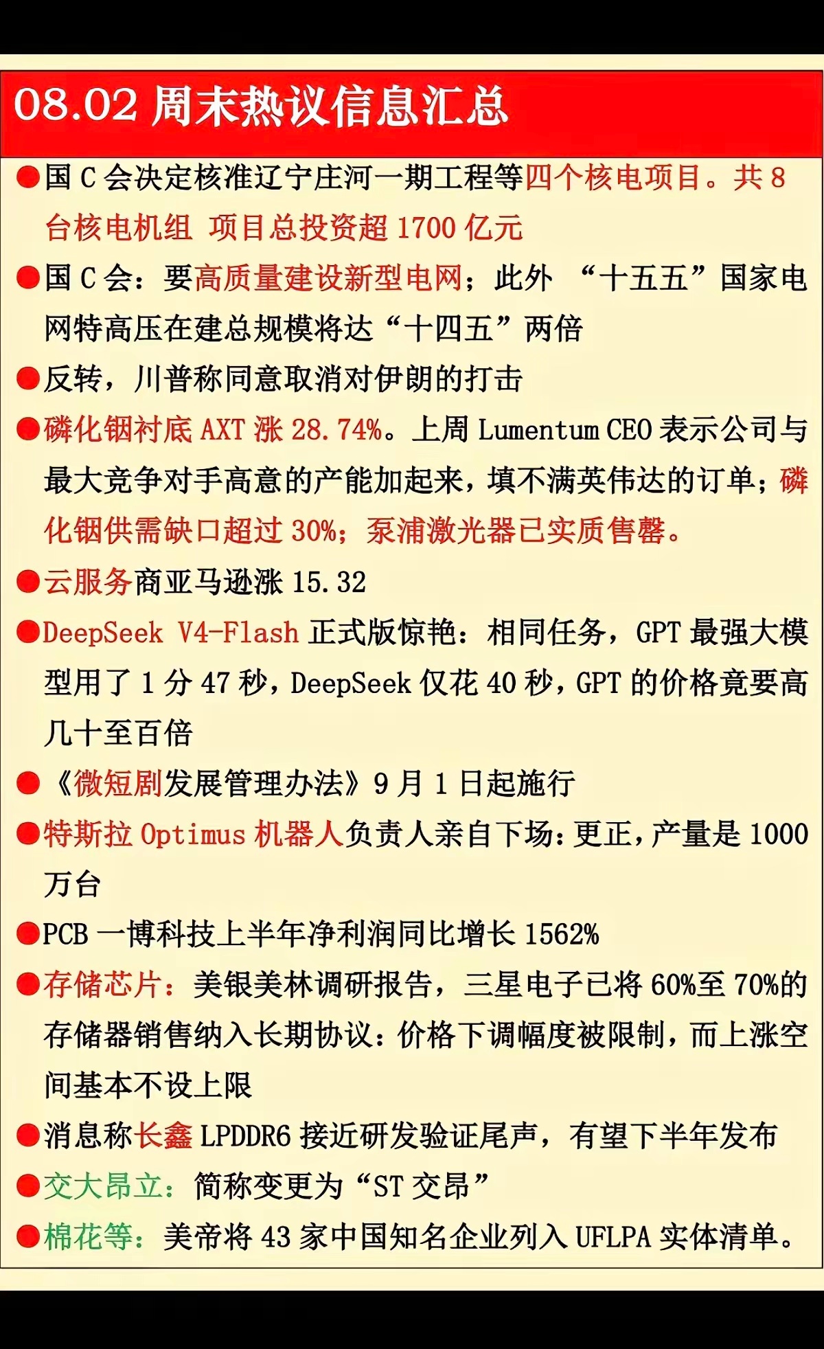 周日  晚间：财经热点信息参考！1.核电核能2.磷化铟衬底3.云服务4.微短剧5