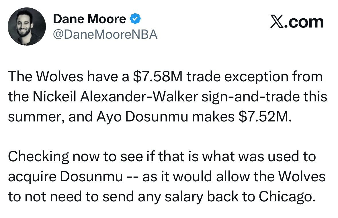 森林狼今夏通过尼克尔-亚历山大-沃克的先签后换交易，获得了一个758万美元的交易