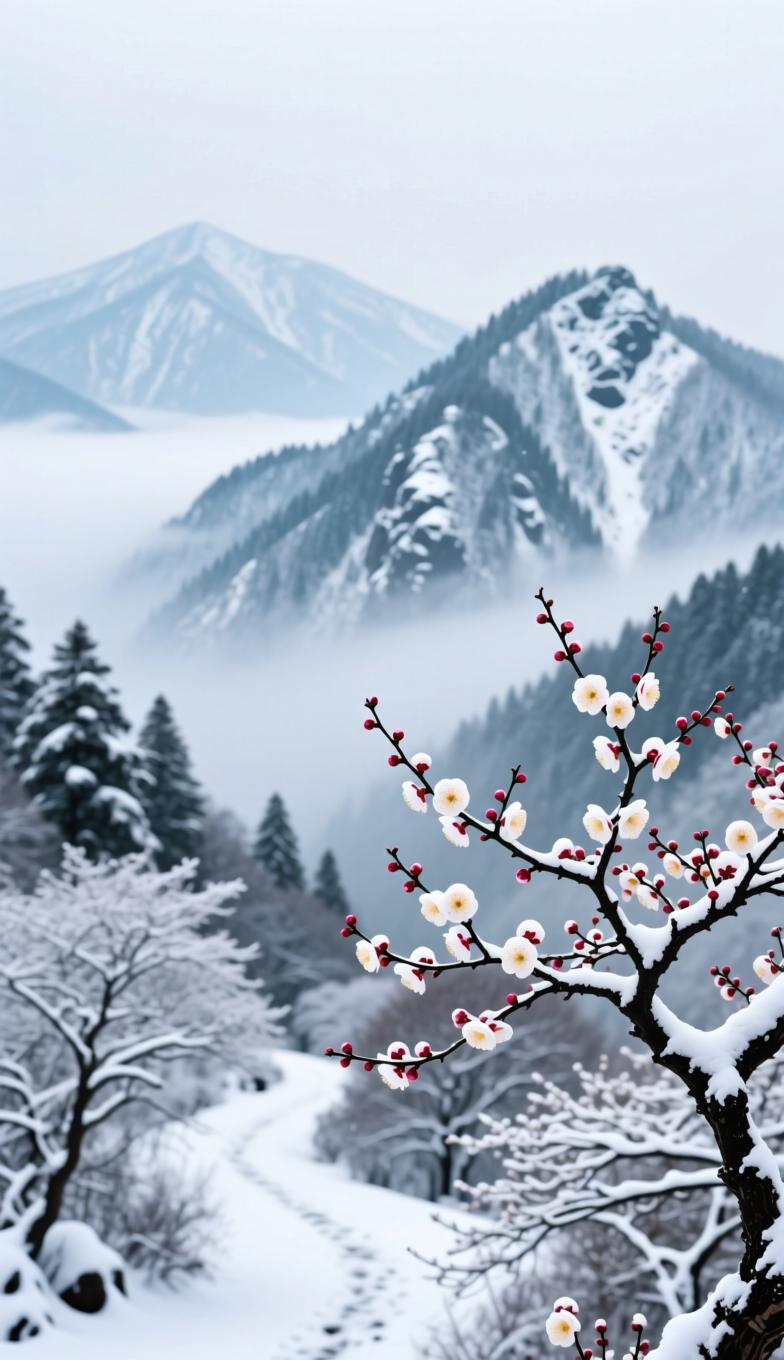 冬·雪岭幽
 
千山覆雪玉玲珑，
万径无人寂若空。
独有寒梅藏浅韵，
暗香一缕待