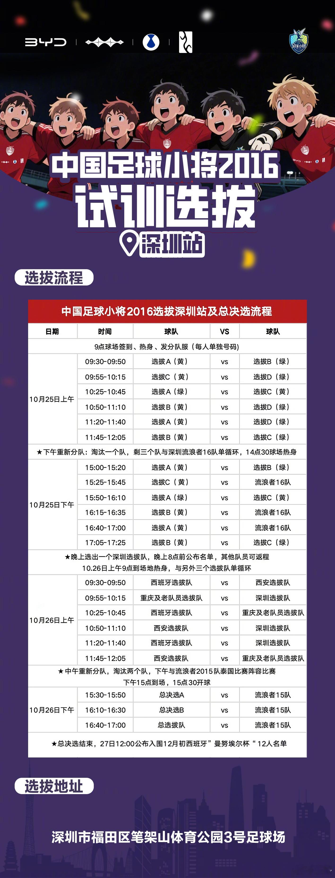 比亚迪×中国足球小将2016队试训选拔·深圳站，10月25-26日在深圳市笔架山
